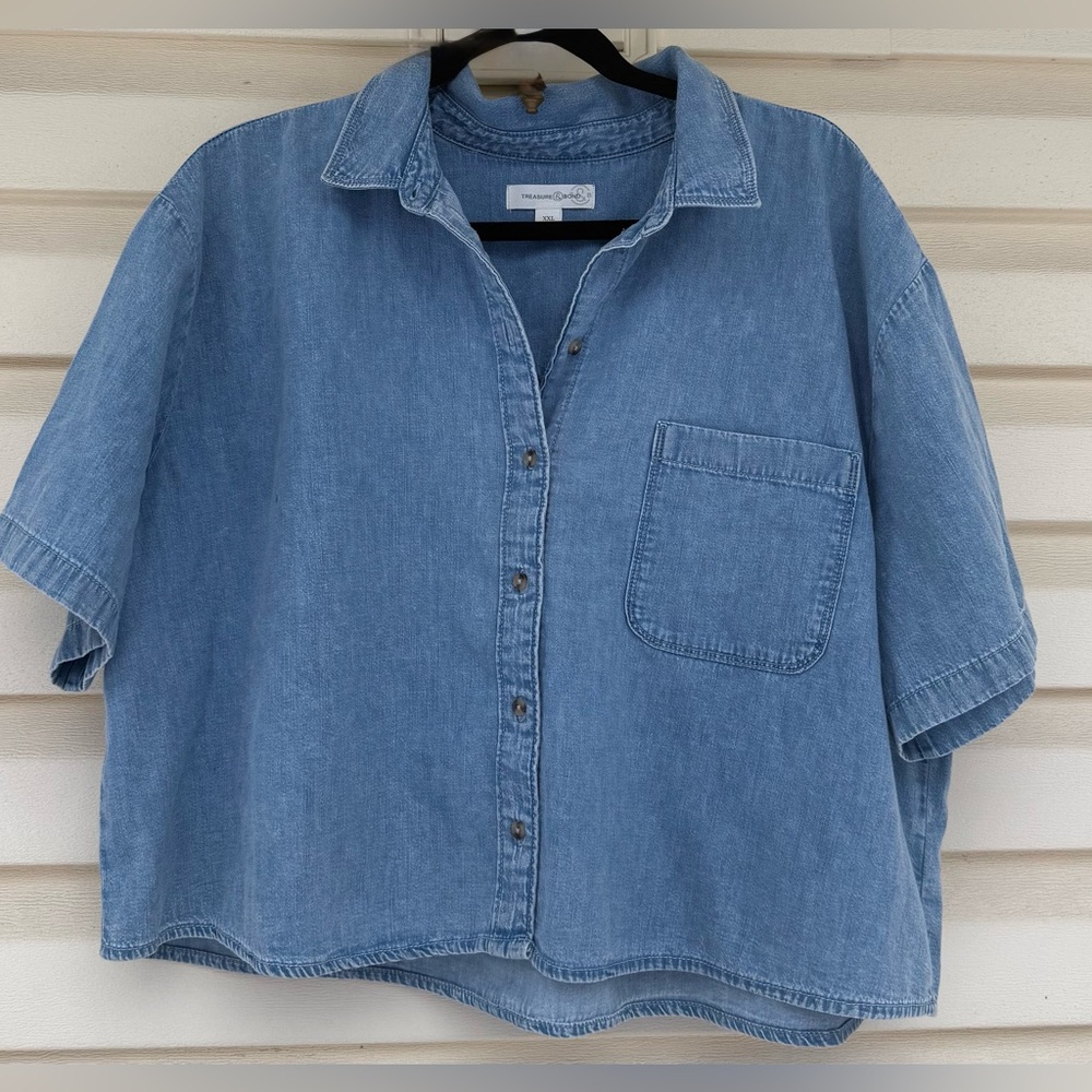 Universal Thread Cropped Denim Button Down Shirt,… - image 2